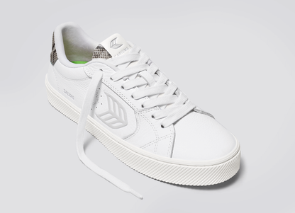 SALVAS White Leather Silver Cloud Logo Snake Skin Print Sneaker
